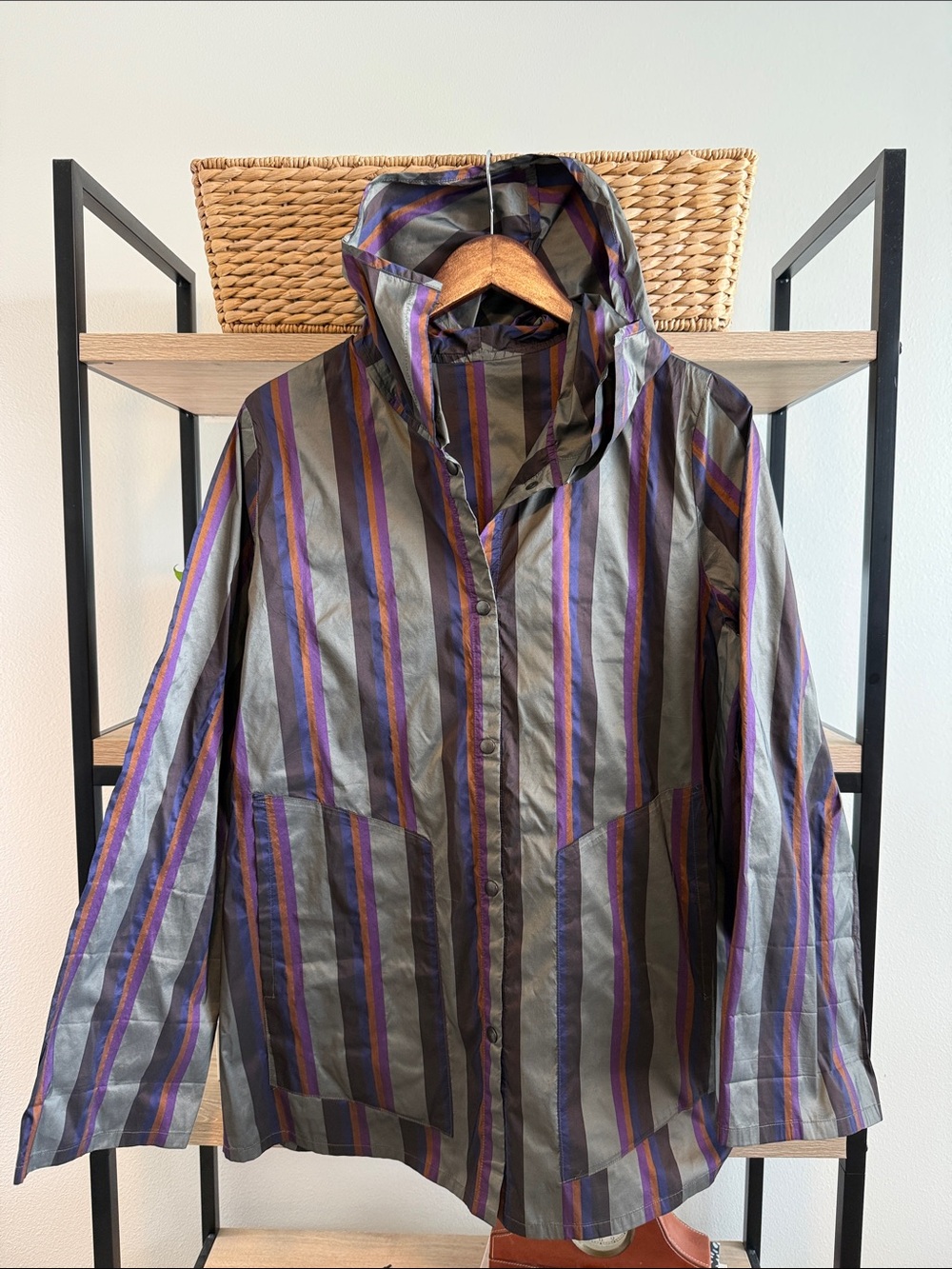 Babette Vertical Striped Hooded Lightweight Raincoat Jacket, Small
